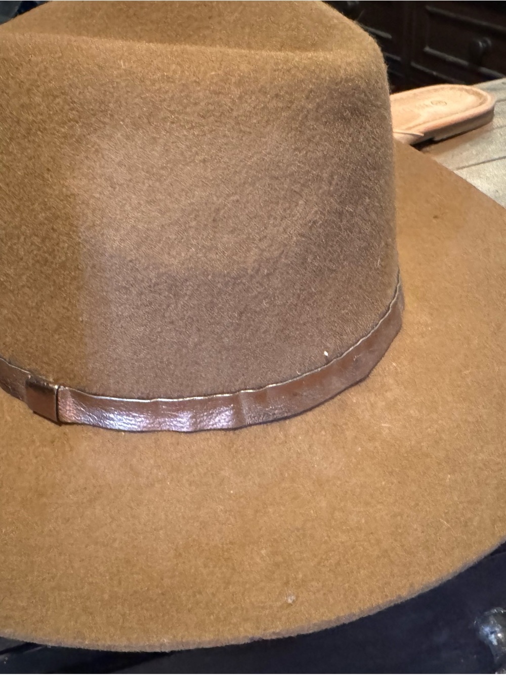 Wide Brim Felt Fedora Hat in Camel with Leather Band